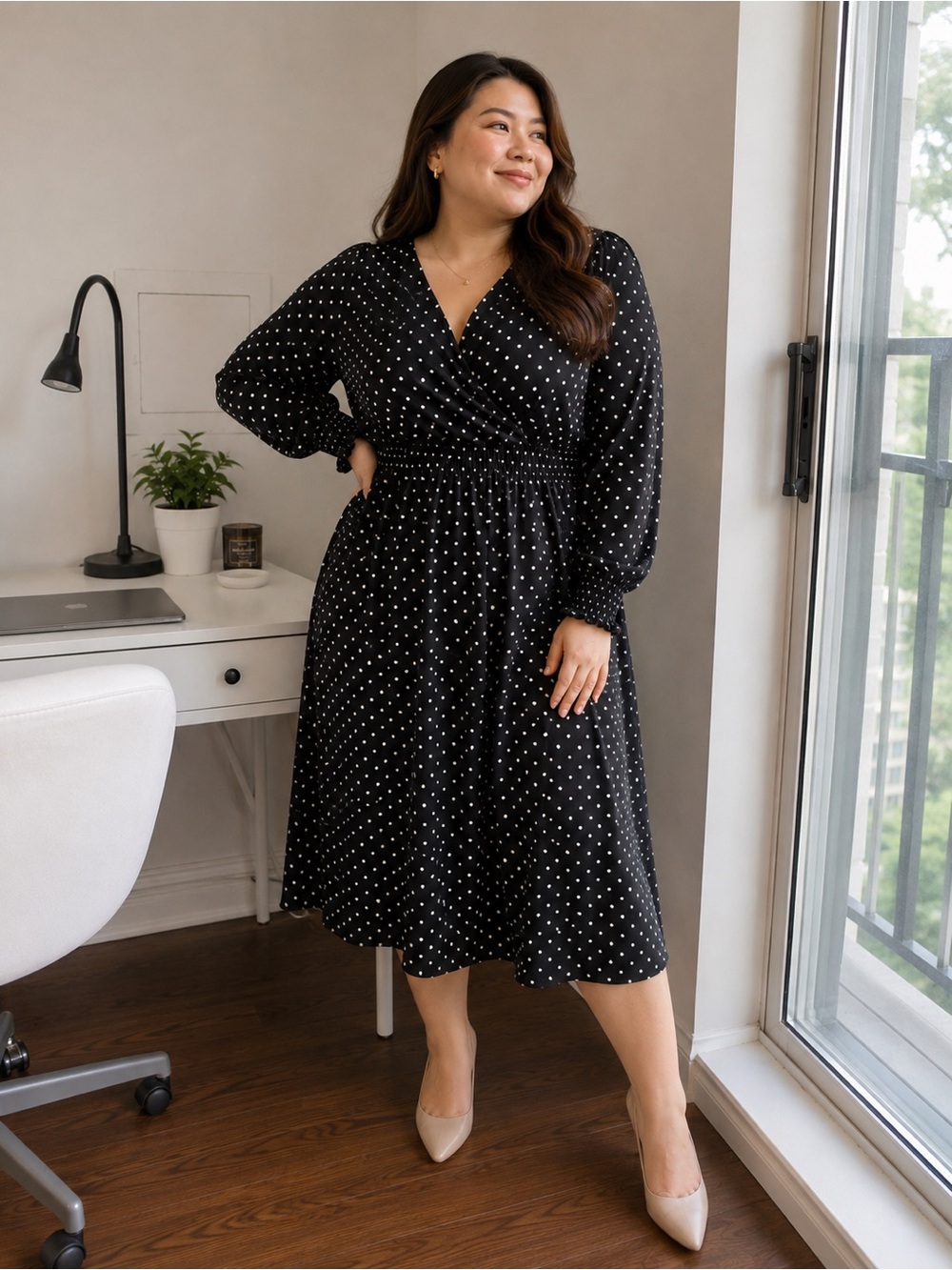 Black Polka Dot Wrap-Style Midi Dress